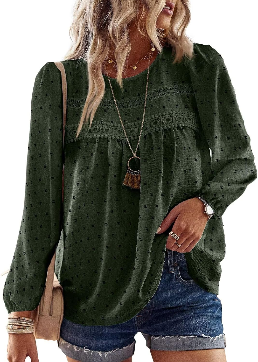 Falechay Boho Tops for Women Long Sleeve Shirts Crewneck Flowy Womens Blouses Dressy Casual Lace Hem Clothing Trendy 2026