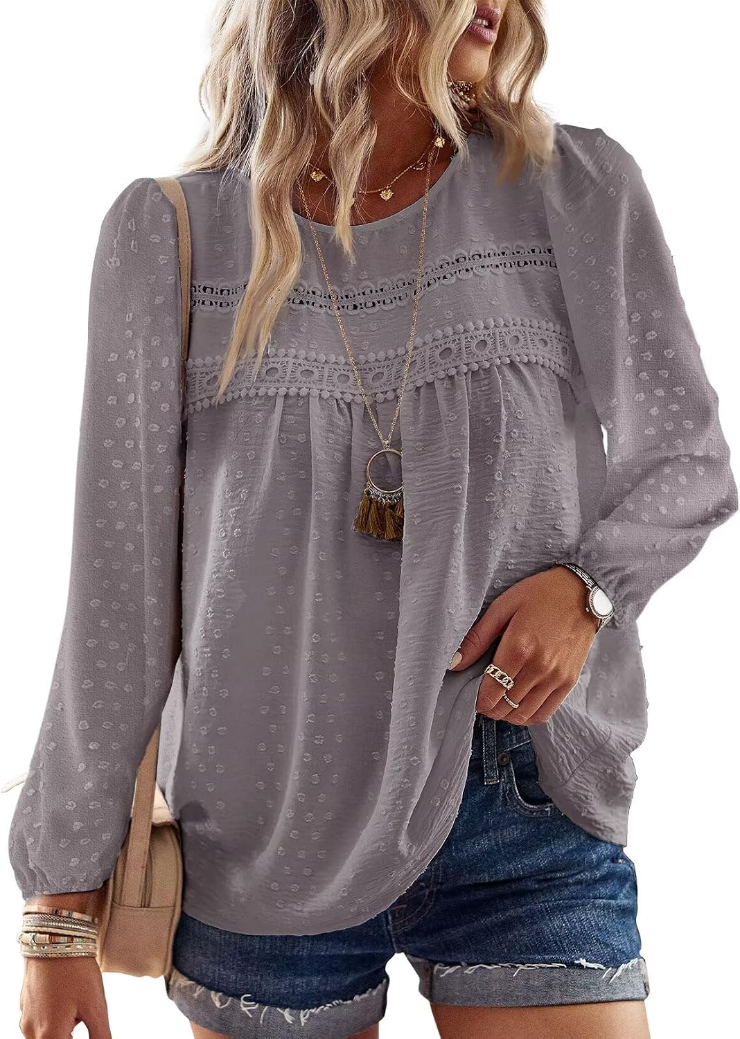 Falechay Boho Tops for Women Long Sleeve Shirts Crewneck Flowy Womens Blouses Dressy Casual Lace Hem Clothing Trendy 2026