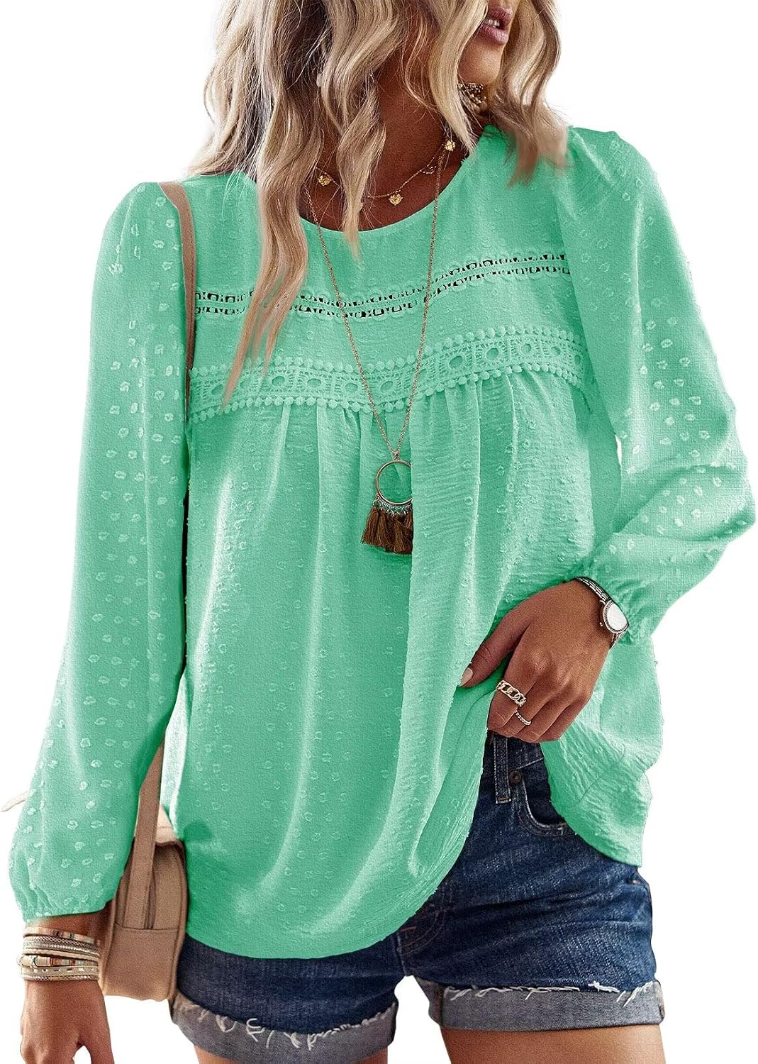 Falechay Boho Tops for Women Long Sleeve Shirts Crewneck Flowy Womens Blouses Dressy Casual Lace Hem Clothing Trendy 2026