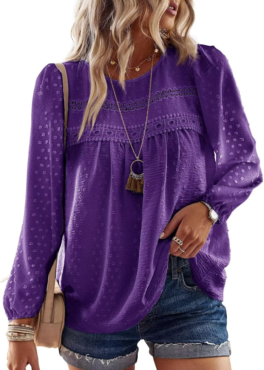 Falechay Boho Tops for Women Long Sleeve Shirts Crewneck Flowy Womens Blouses Dressy Casual Lace Hem Clothing Trendy 2026