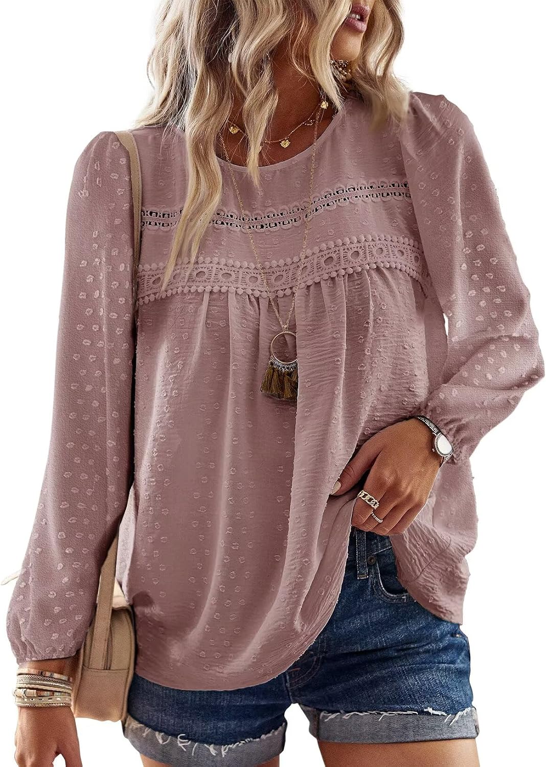 Falechay Boho Tops for Women Long Sleeve Shirts Crewneck Flowy Womens Blouses Dressy Casual Lace Hem Clothing Trendy 2026