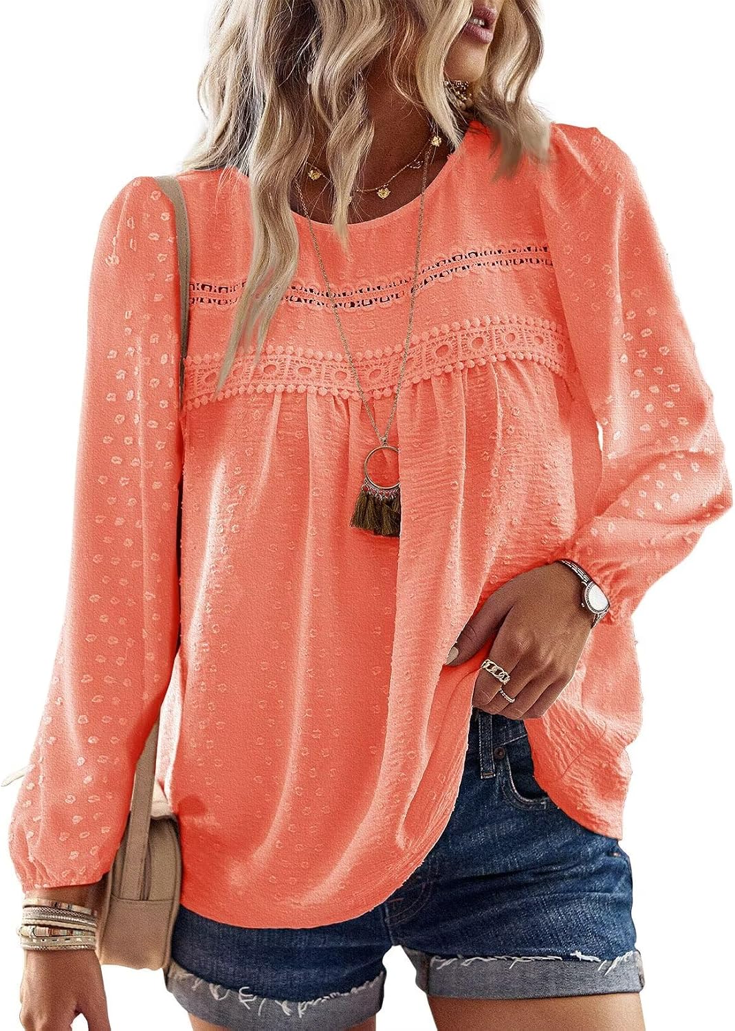 Falechay Boho Tops for Women Long Sleeve Shirts Crewneck Flowy Womens Blouses Dressy Casual Lace Hem Clothing Trendy 2026