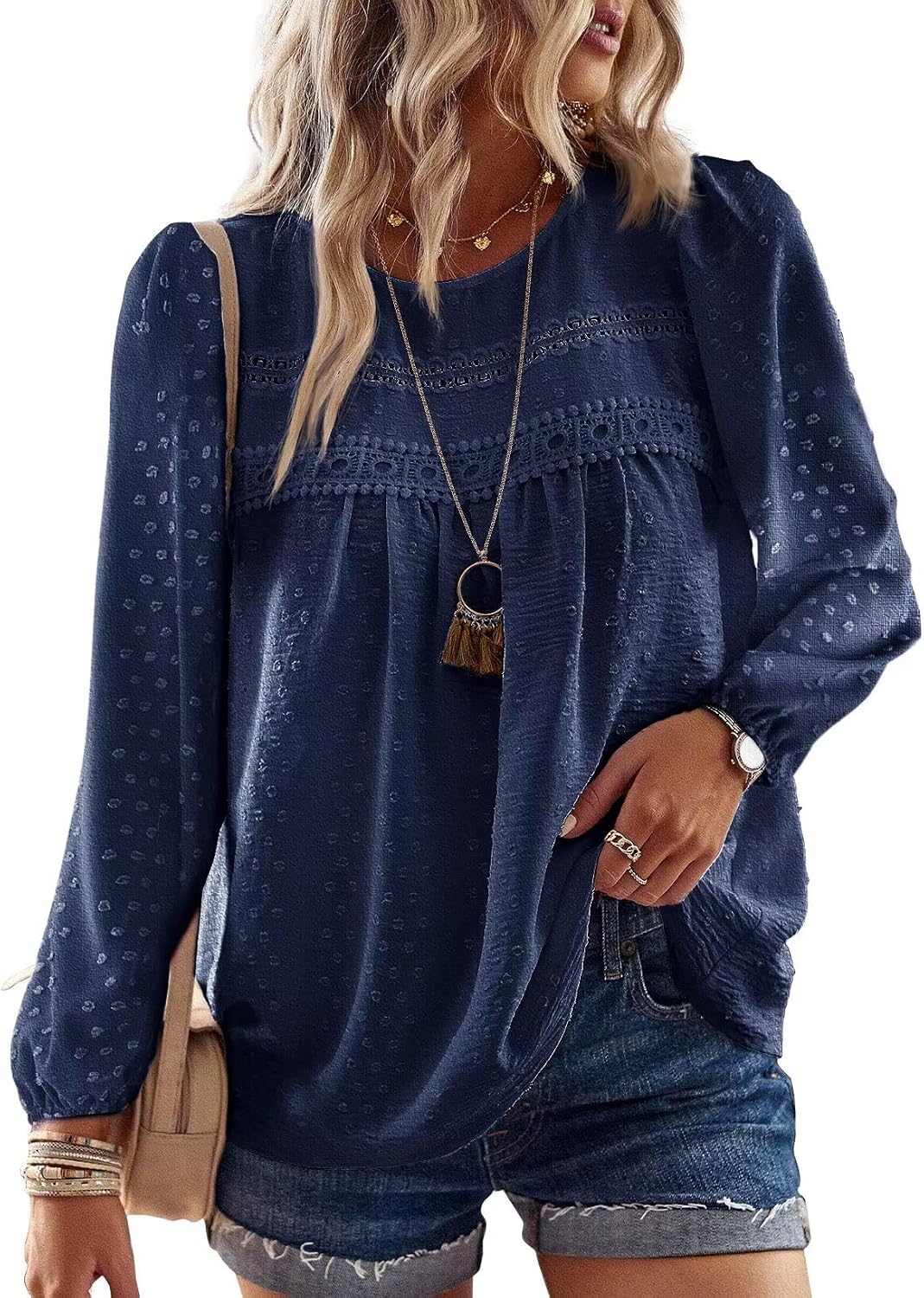 Falechay Boho Tops for Women Long Sleeve Shirts Crewneck Flowy Womens Blouses Dressy Casual Lace Hem Clothing Trendy 2026
