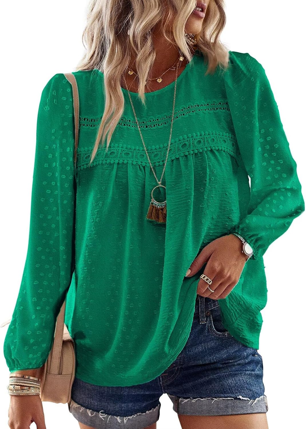 Falechay Boho Tops for Women Long Sleeve Shirts Crewneck Flowy Womens Blouses Dressy Casual Lace Hem Clothing Trendy 2026