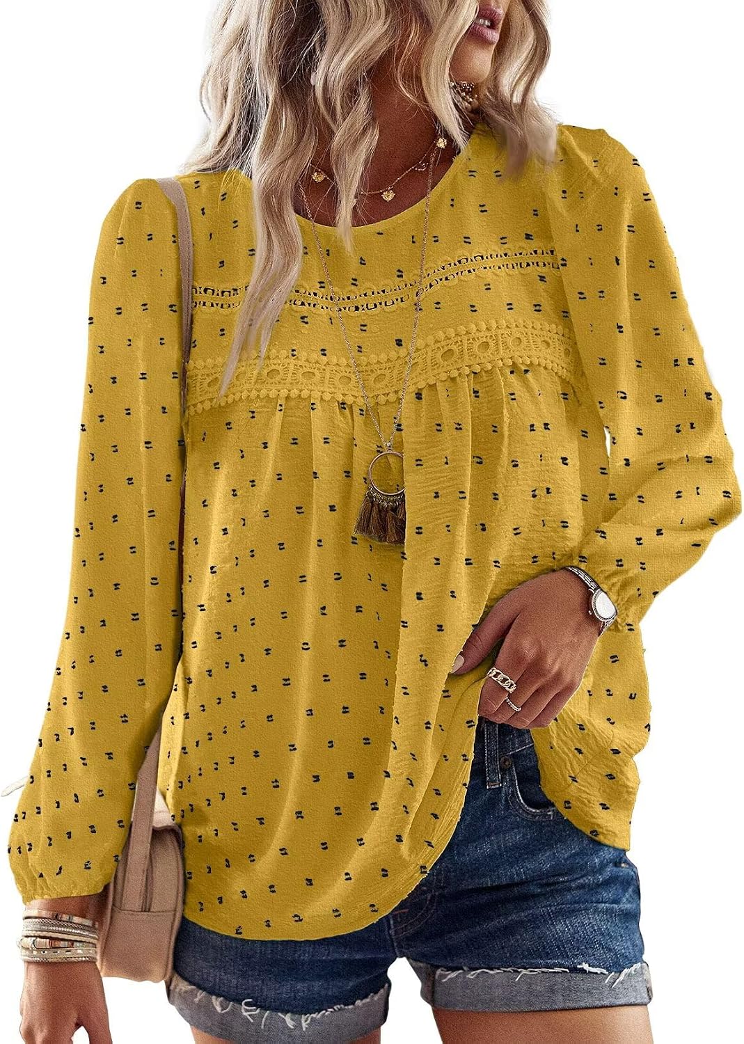 Falechay Boho Tops for Women Long Sleeve Shirts Crewneck Flowy Womens Blouses Dressy Casual Lace Hem Clothing Trendy 2026