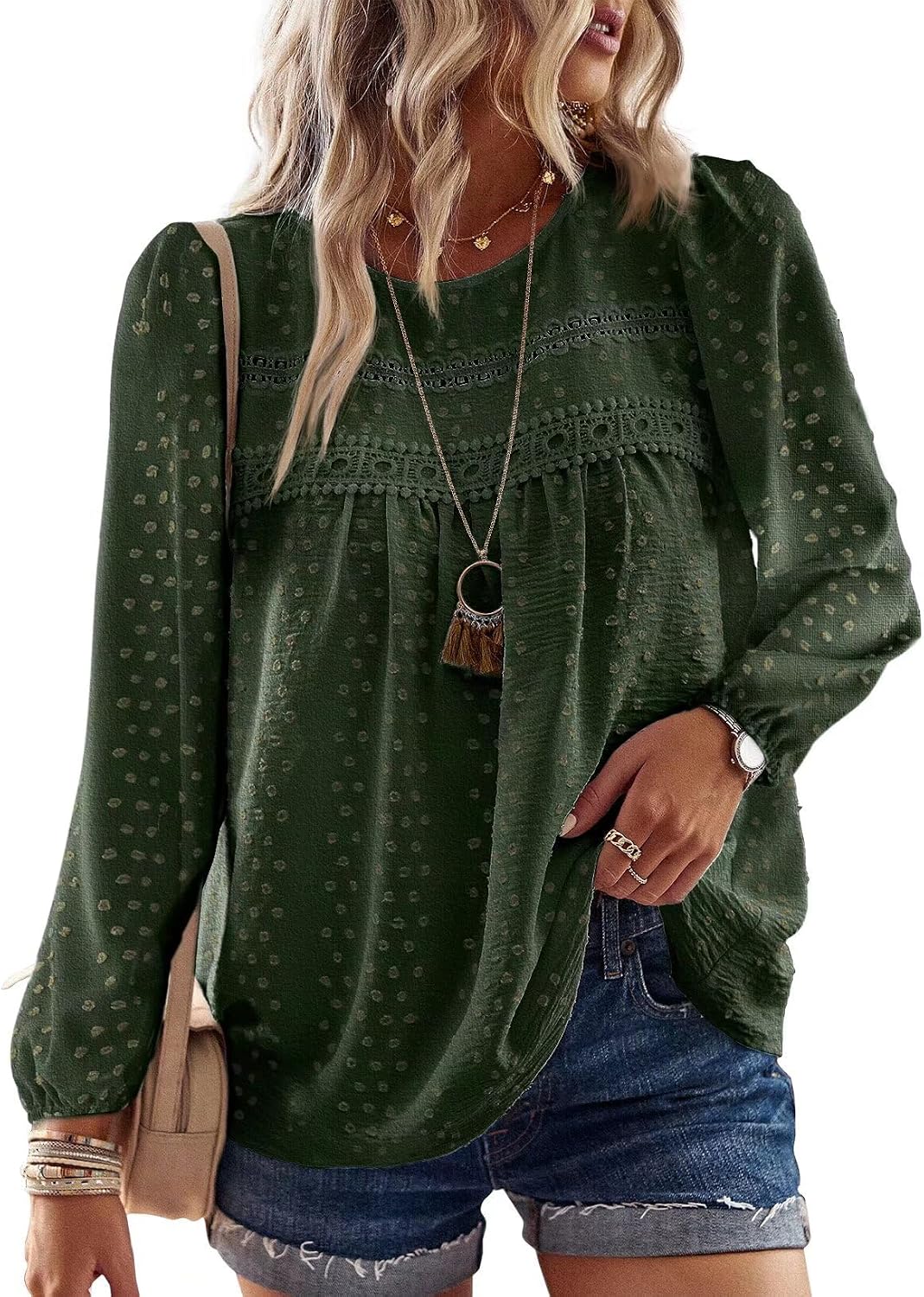 Falechay Boho Tops for Women Long Sleeve Shirts Crewneck Flowy Womens Blouses Dressy Casual Lace Hem Clothing Trendy 2026