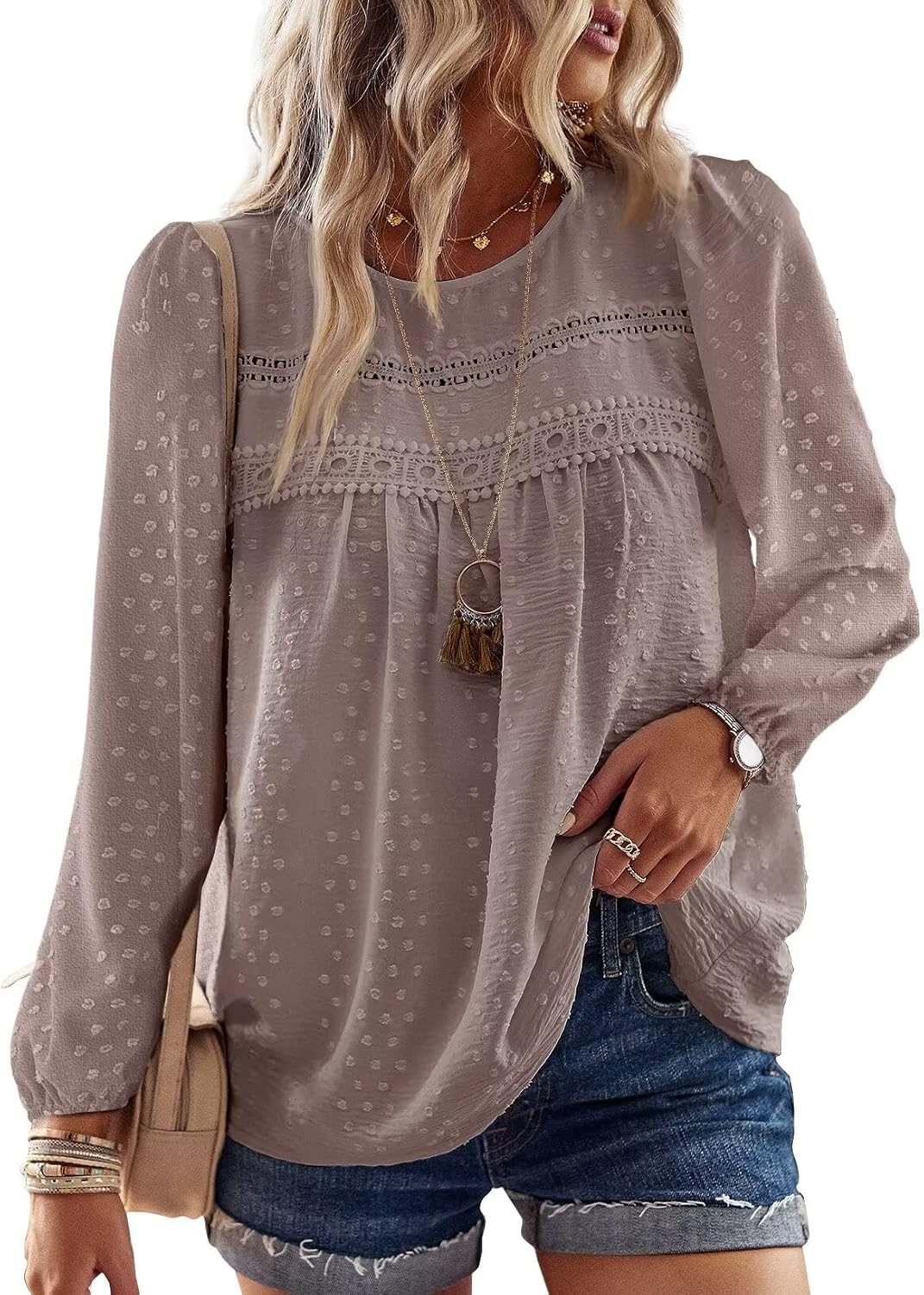 Falechay Boho Tops for Women Long Sleeve Shirts Crewneck Flowy Womens Blouses Dressy Casual Lace Hem Clothing Trendy 2026