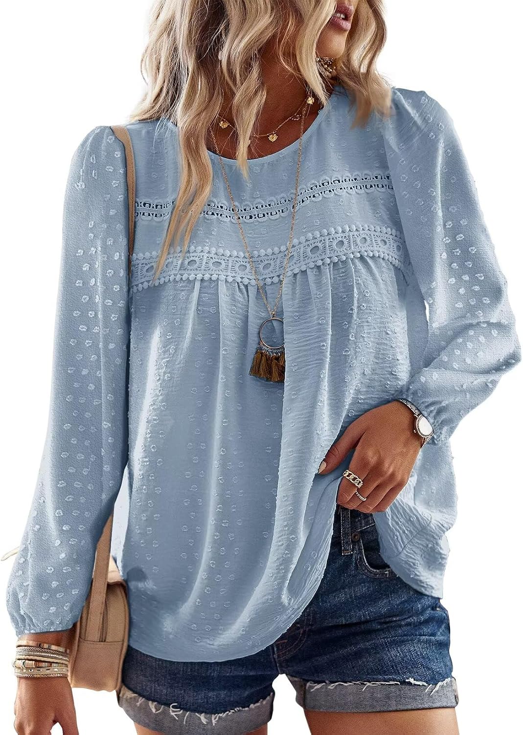 Falechay Boho Tops for Women Long Sleeve Shirts Crewneck Flowy Womens Blouses Dressy Casual Lace Hem Clothing Trendy 2026