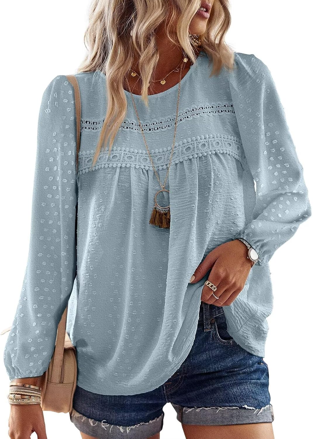 Falechay Boho Tops for Women Long Sleeve Shirts Crewneck Flowy Womens Blouses Dressy Casual Lace Hem Clothing Trendy 2026
