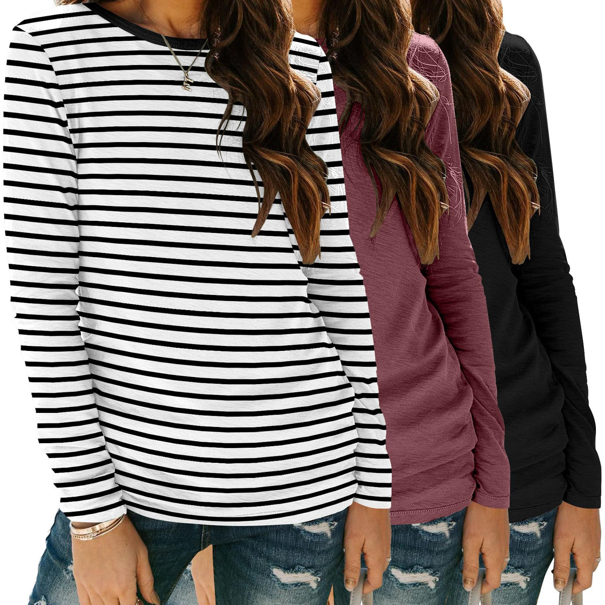 Zeagoo 3 Pack Long Sleeve Shirts for Women Casual Soft Crewneck Basic Tee Tops Fall Outfit Clothes