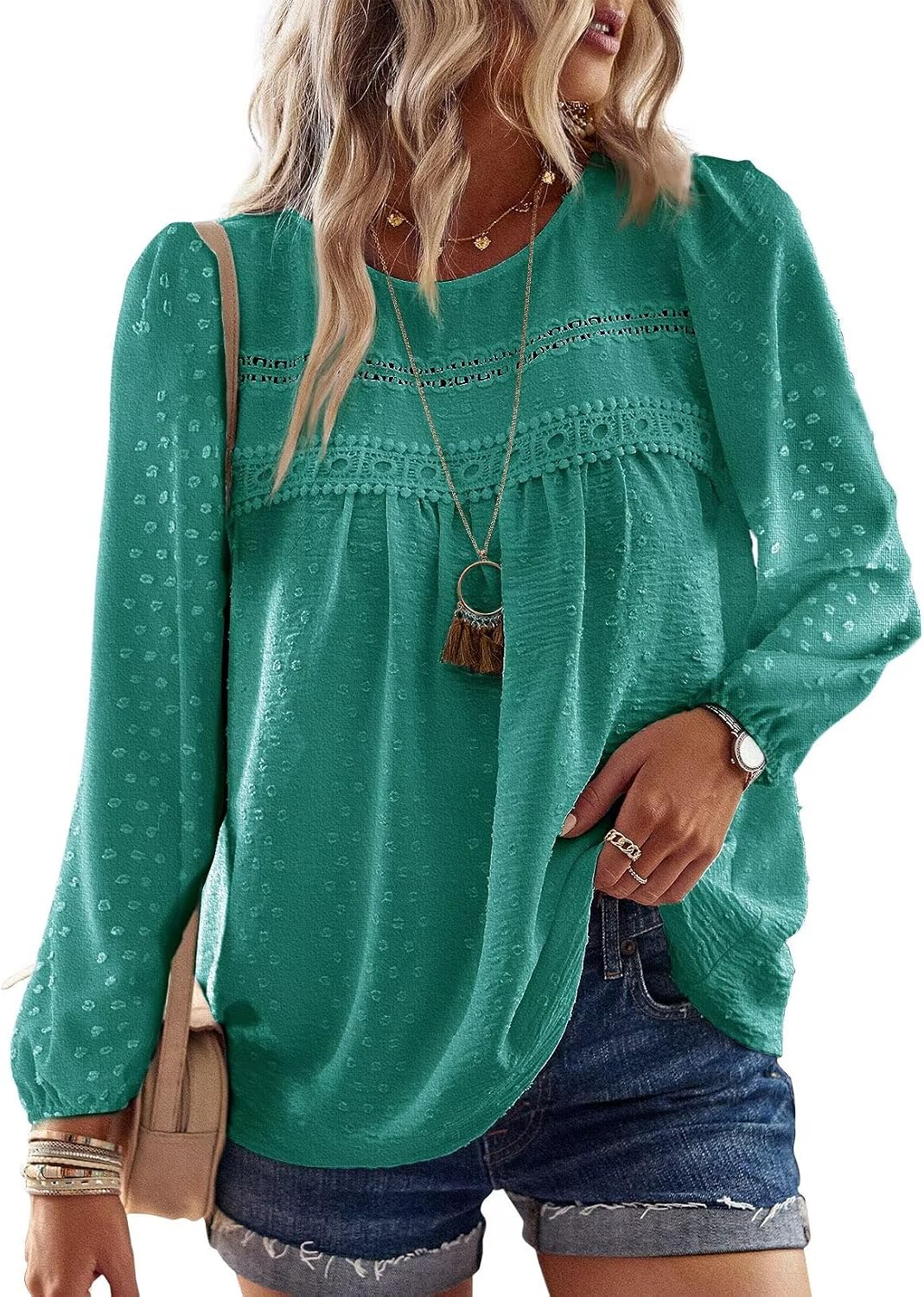Falechay Boho Tops for Women Long Sleeve Shirts Crewneck Flowy Womens Blouses Dressy Casual Lace Hem Clothing Trendy 2026
