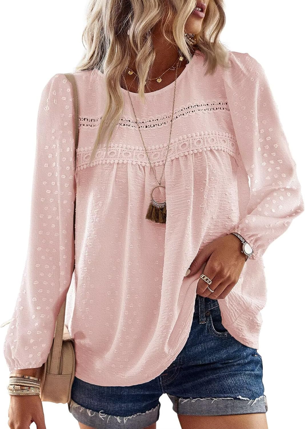 Falechay Boho Tops for Women Long Sleeve Shirts Crewneck Flowy Womens Blouses Dressy Casual Lace Hem Clothing Trendy 2026