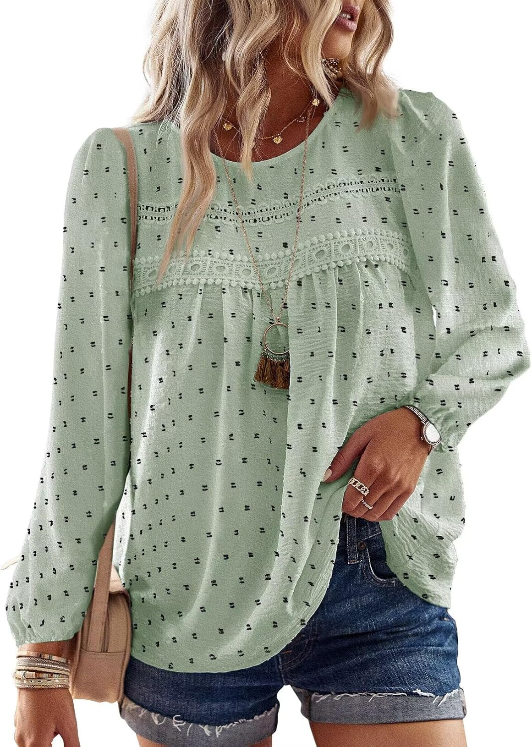 Falechay Boho Tops for Women Long Sleeve Shirts Crewneck Flowy Womens Blouses Dressy Casual Lace Hem Clothing Trendy 2026