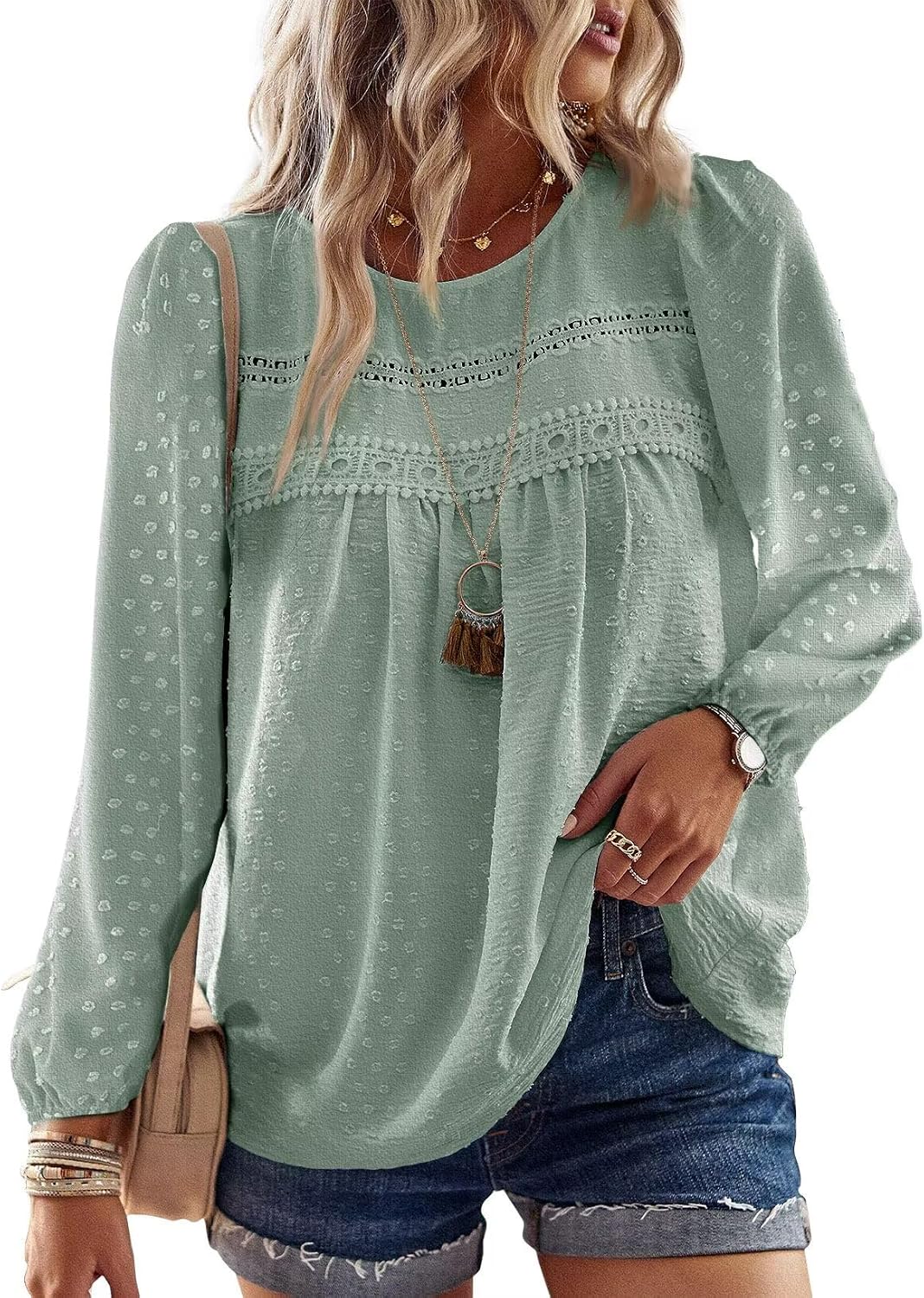 Falechay Boho Tops for Women Long Sleeve Shirts Crewneck Flowy Womens Blouses Dressy Casual Lace Hem Clothing Trendy 2026