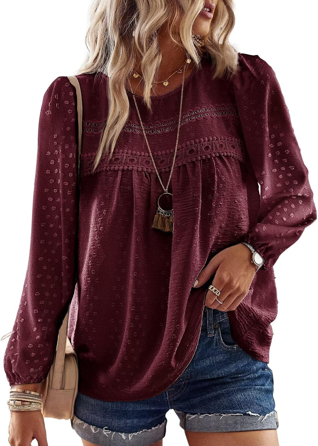 Falechay Boho Tops for Women Long Sleeve Shirts Crewneck Flowy Womens Blouses Dressy Casual Lace Hem Clothing Trendy 2026