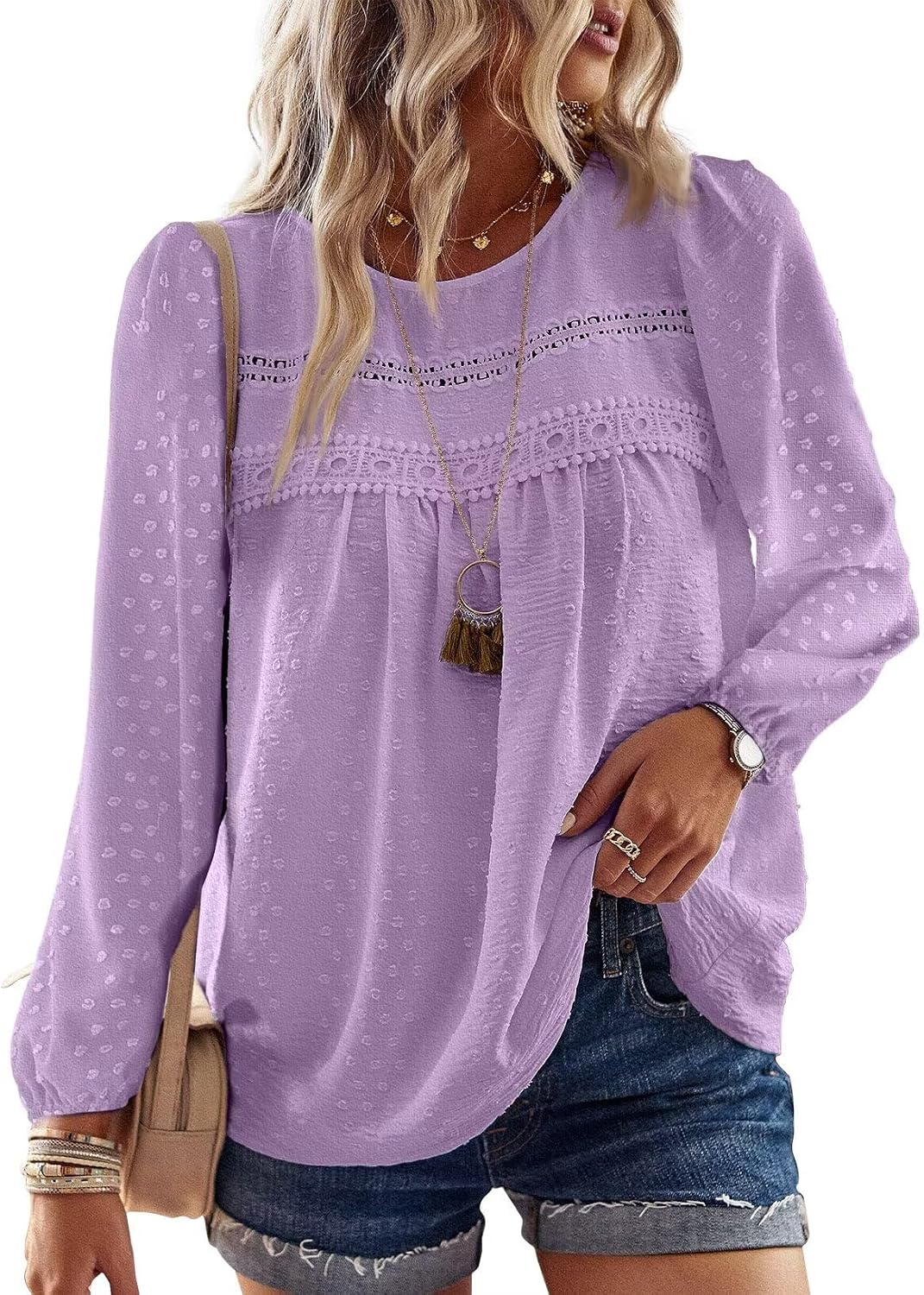 Falechay Boho Tops for Women Long Sleeve Shirts Crewneck Flowy Womens Blouses Dressy Casual Lace Hem Clothing Trendy 2026