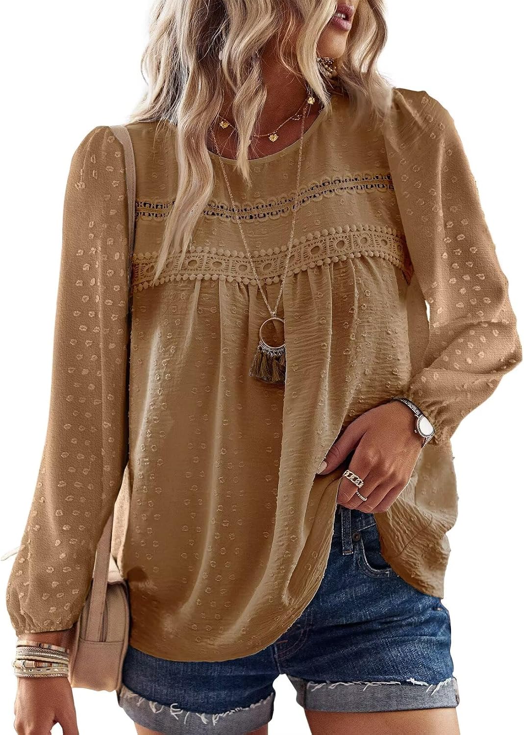 Falechay Boho Tops for Women Long Sleeve Shirts Crewneck Flowy Womens Blouses Dressy Casual Lace Hem Clothing Trendy 2026