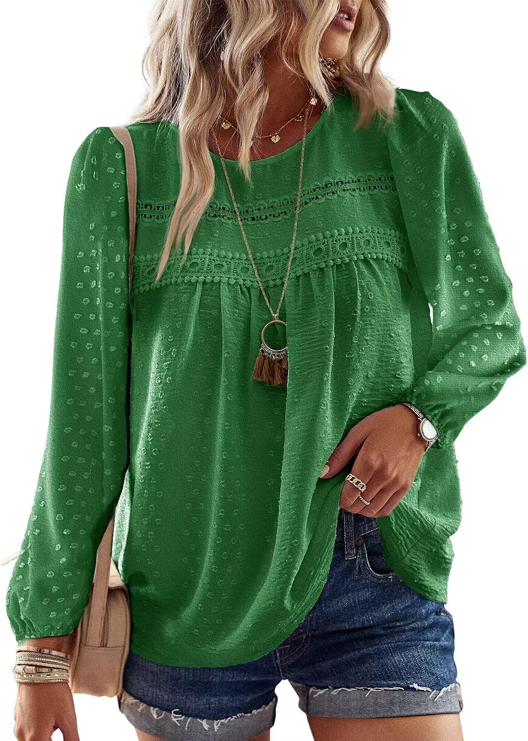 Falechay Boho Tops for Women Long Sleeve Shirts Crewneck Flowy Womens Blouses Dressy Casual Lace Hem Clothing Trendy 2026