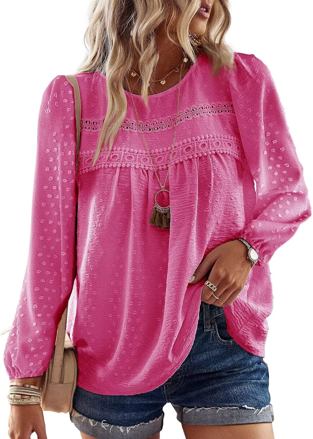 Falechay Boho Tops for Women Long Sleeve Shirts Crewneck Flowy Womens Blouses Dressy Casual Lace Hem Clothing Trendy 2026