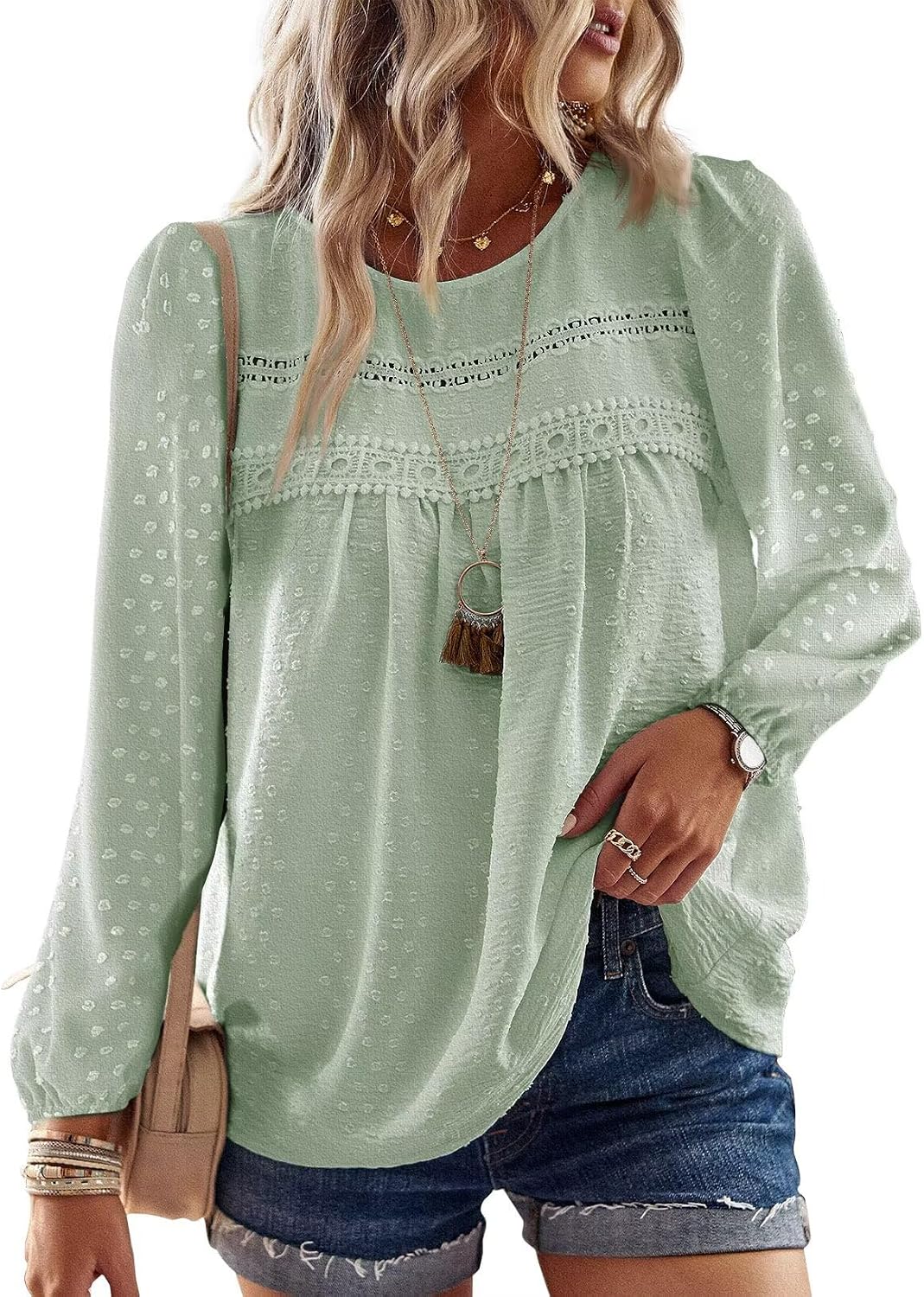 Falechay Boho Tops for Women Long Sleeve Shirts Crewneck Flowy Womens Blouses Dressy Casual Lace Hem Clothing Trendy 2026