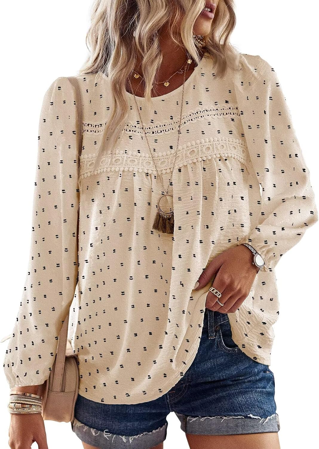Falechay Boho Tops for Women Long Sleeve Shirts Crewneck Flowy Womens Blouses Dressy Casual Lace Hem Clothing Trendy 2026