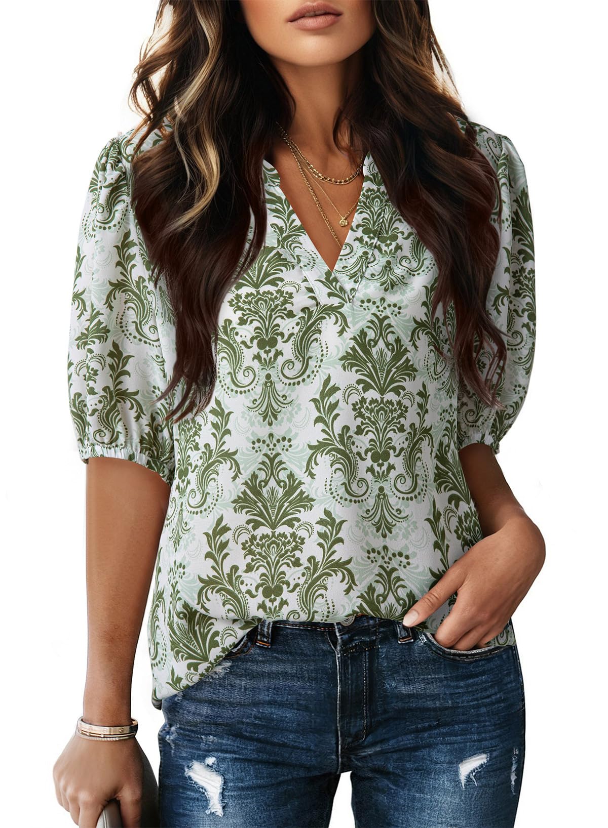 Dokotoo Womens Summer Business Casual Blouses V Neck Short Sleeve Shirts Eyelet Cute Lace Tops