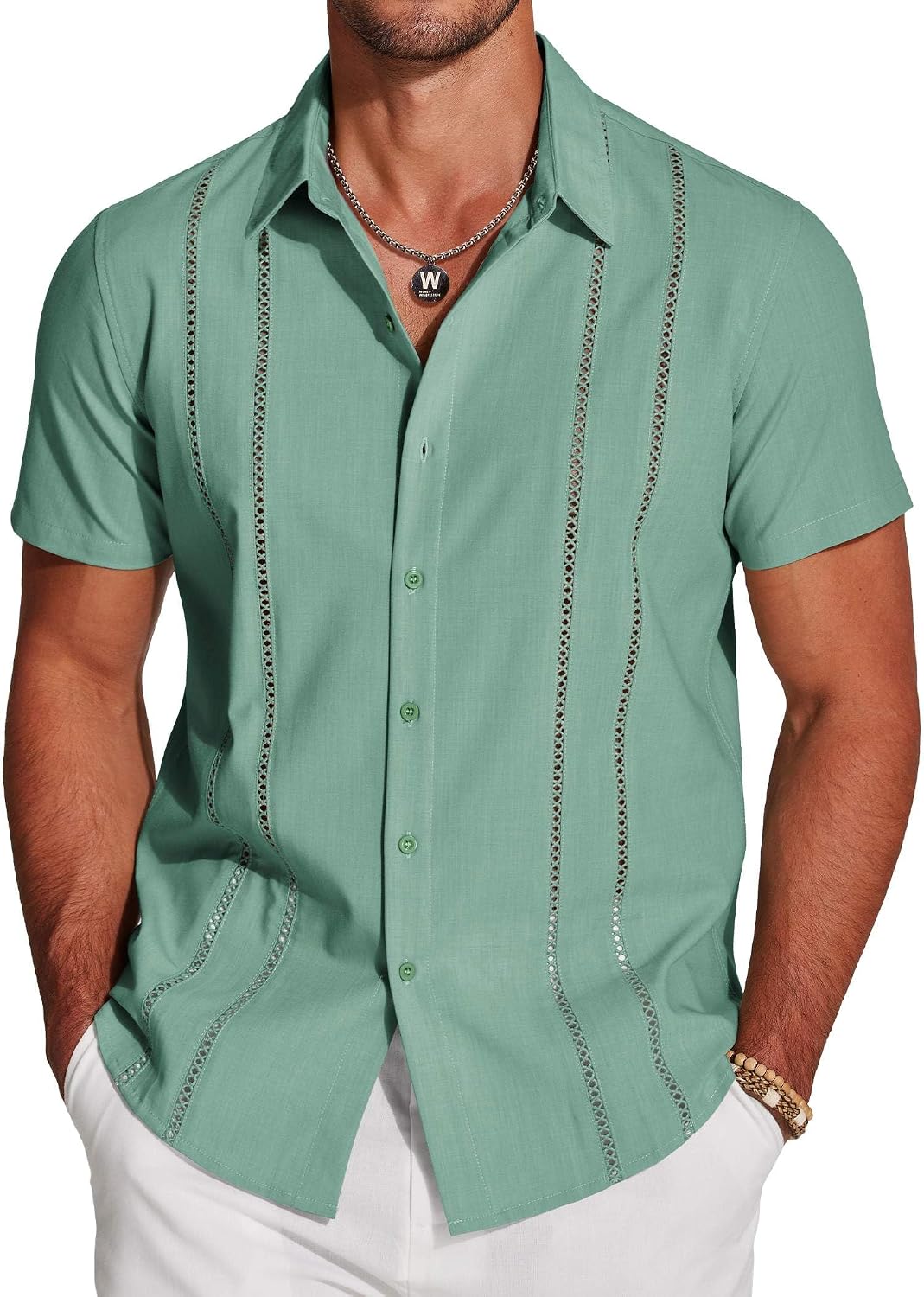 COOFANDY Men's Cuban Guayabera Shirt Short Sleeve Button Down Shirts Casual Summer Beach Linen Shirts