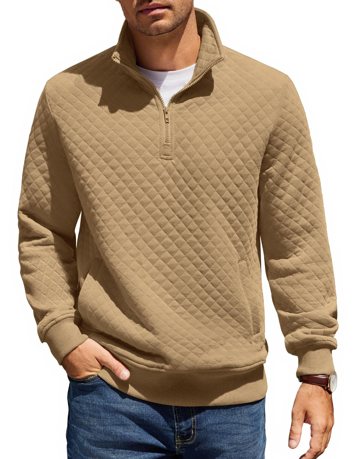 COOFANDY Mens Quarter Zip Pullover Sweatshirt Long Sleeve Mock Neck Sweater | Soft quilted fabric, quarter-zip mock neck, kangaroo pocket, ribbed cuffs; layers easily, machine washable, great gift
