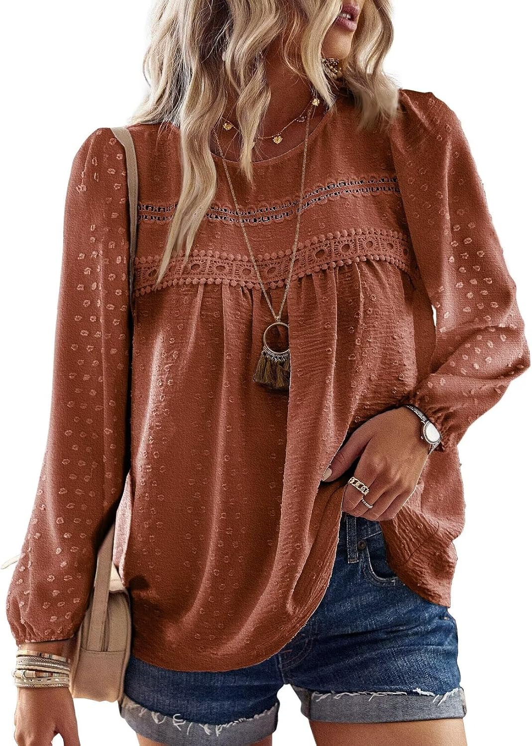 Falechay Boho Tops for Women Long Sleeve Shirts Crewneck Flowy Womens Blouses Dressy Casual Lace Hem Clothing Trendy 2026