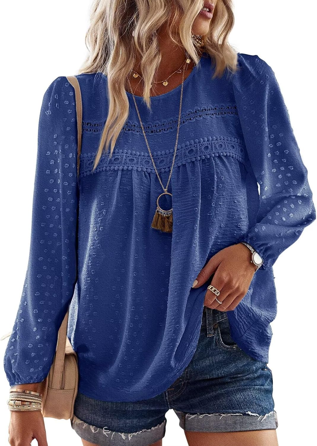 Falechay Boho Tops for Women Long Sleeve Shirts Crewneck Flowy Womens Blouses Dressy Casual Lace Hem Clothing Trendy 2026