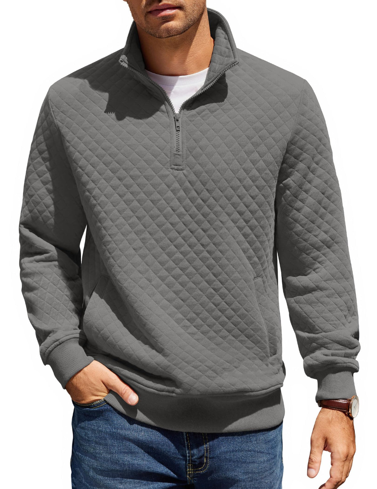 COOFANDY Mens Quarter Zip Pullover Sweatshirt Long Sleeve Mock Neck Sweater | Soft quilted fabric, quarter-zip mock neck, kangaroo pocket, ribbed cuffs; layers easily, machine washable, great gift