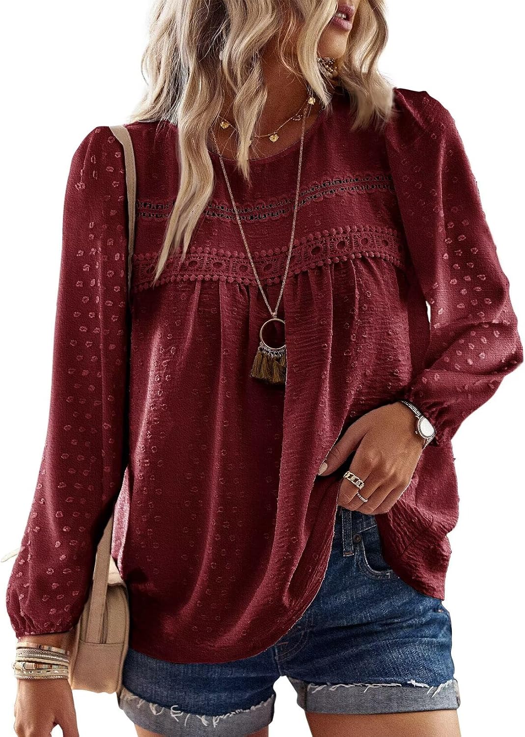 Falechay Boho Tops for Women Long Sleeve Shirts Crewneck Flowy Womens Blouses Dressy Casual Lace Hem Clothing Trendy 2026
