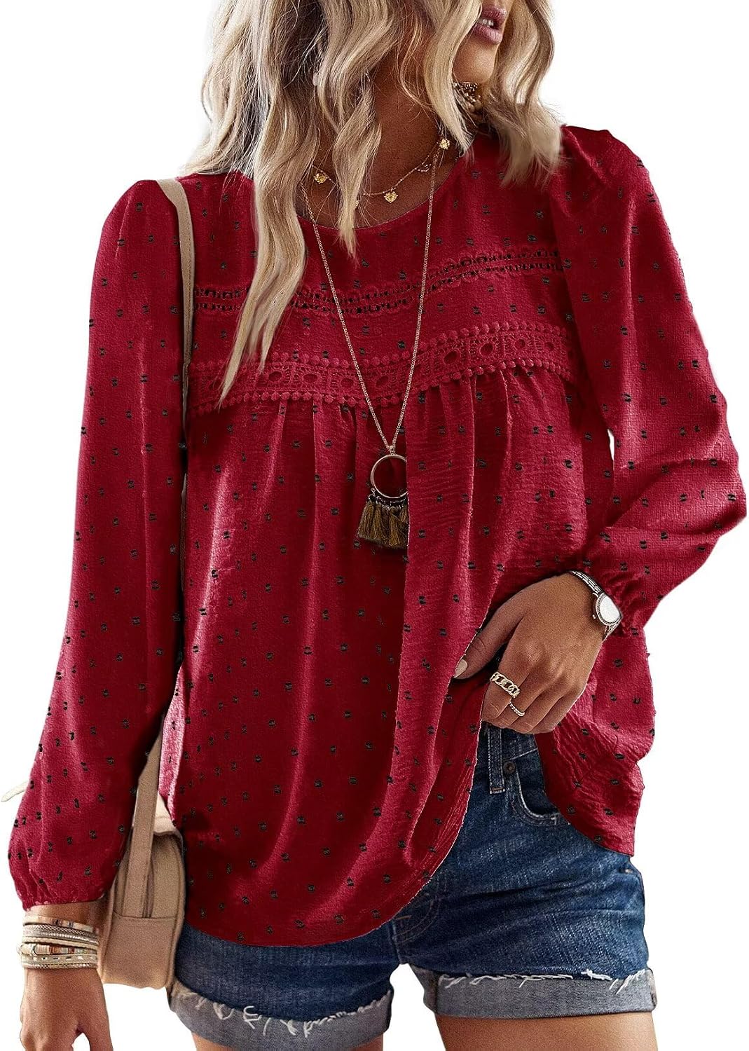 Falechay Boho Tops for Women Long Sleeve Shirts Crewneck Flowy Womens Blouses Dressy Casual Lace Hem Clothing Trendy 2026